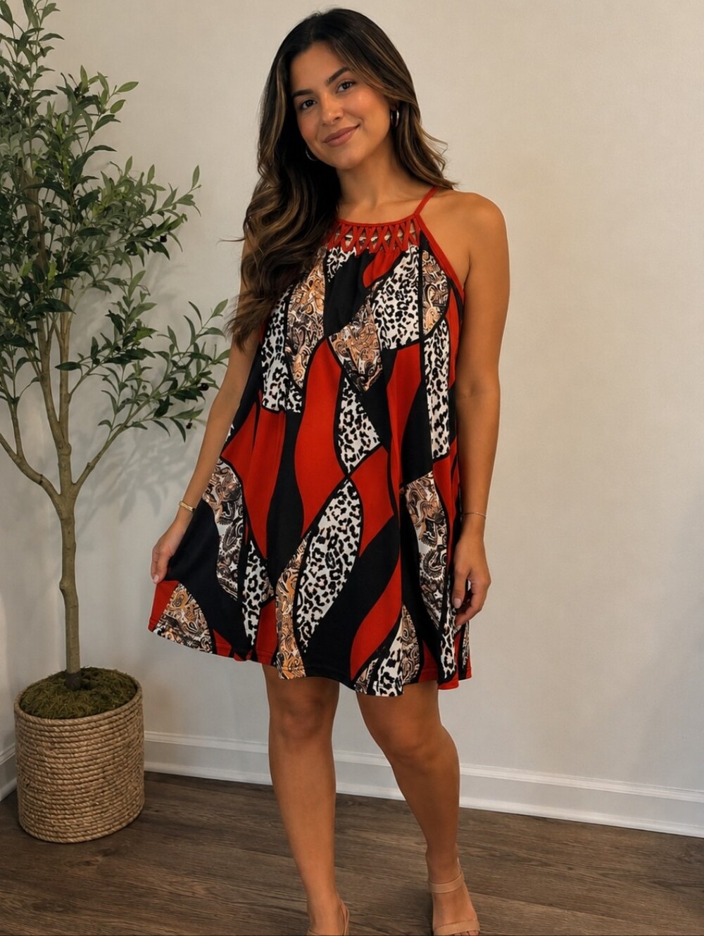 Source Unknown Red, Black & Cream Patterned Midi Dress